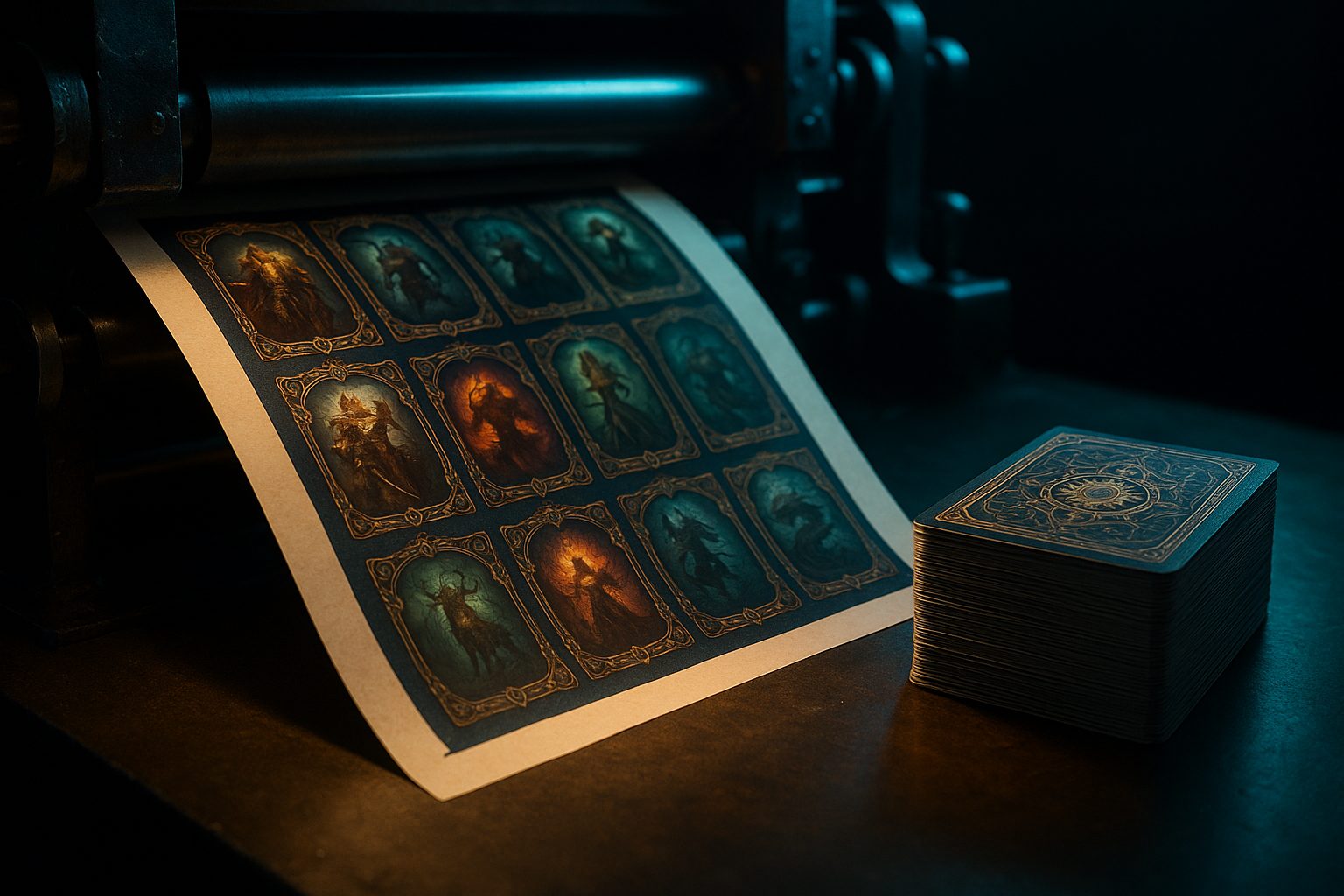 Freshly printed sheets of trading cards on a printing press