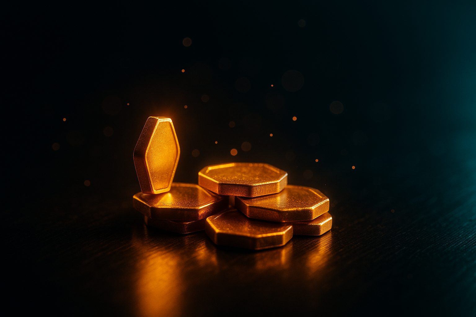 Glowing golden game tokens on dark metal